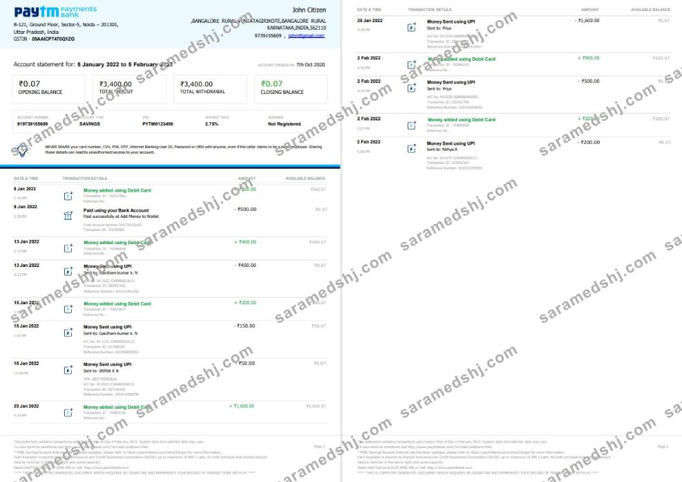 Indian Paytm bank statement 2 page